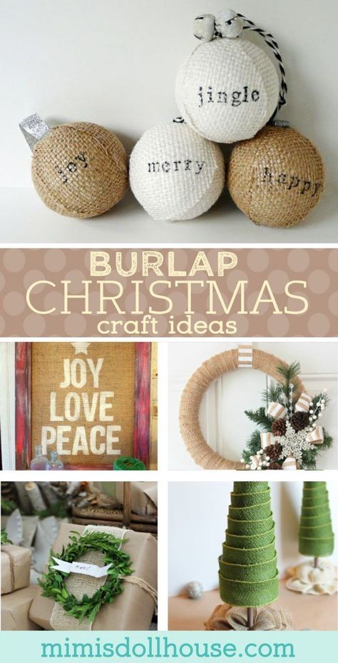 Christmas: Burlap Christmas Crafts.  Looking to decorate this Christmas with a vintage flair?  Check out these awesome Christmas Craft ideas using burlap. #christmas #diyandcrafts #crafts #diy #holiday #burlap #vintage #christmasdecorations #parties #homedecor #home via @mimisdollhouse Burlap Christmas Crafts, Burlap Crafts Diy, Burlap Christmas Ornaments, Christmas Burlap, Christmas Craft Ideas, Diy Burlap, Burlap Crafts, Burlap Christmas, Crafts Christmas