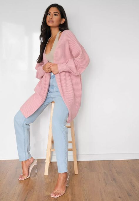 Long Sweater Outfits, Sweater Cardigan Outfit, Pastel Cardigan, Trendy Outfits Inspiration, Rose Cardigan, Pink Cardigan Sweater, Sweater Outfits Fall, Long Sleeve Knitted Cardigan, Cardigan Outfits