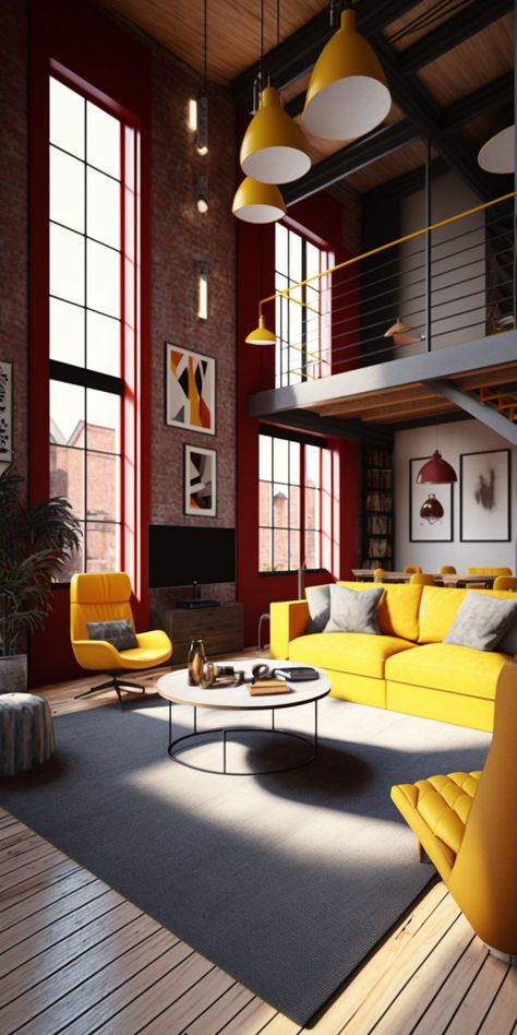 Colorful Loft Apartment, Colorful Industrial Interior, Urban Loft Apartment, Colorful Loft, Colorful Industrial, Loft Style Living Room, Urban Modern Interior Design, Red Interior Design, Industrial Accents