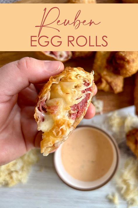 A Reuben Egg Roll cut in half and shown to the viewer to reveal sauerkraut and corned beef Reuben Egg Rolls, Cabbage Recipes Healthy, Egg Roll Wraps, Brown Egg, Bite Size Snacks, Classic Sandwich, Egg Roll Recipes, Egg Roll Wrappers, Roll Recipes