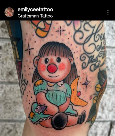 American Traditional Winnie The Pooh Tattoo, The Big Comfy Couch Tattoo, Cabbage Patch Tattoo, 90s Aesthetic Tattoos, Childlike Tattoos, Muppet Tattoo Ideas, Early 2000s Tattoo Ideas, Nostalgic Tattoos Childhood, Pillsbury Doughboy Tattoo