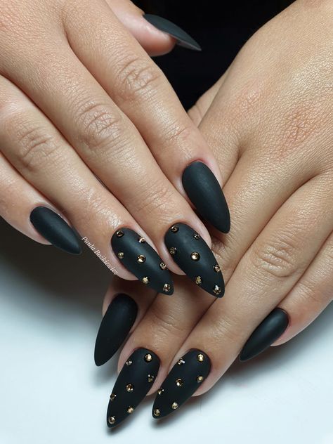 Black Nail With Jewels, Matte Black Nails With Jewels, Black Almost Nails, Black Stud Nails, Black Pointed Nails Design, Elegant Almond Nails Classy Black, Black And Crystal Nails, Dark Acyrilics Nails, Different Shades Of Black Nails