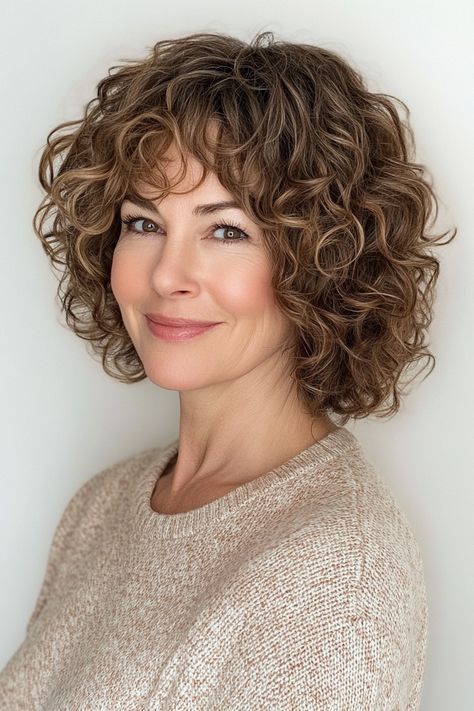 16. Curly Bob with Subtle Caramel Highlights (Short Hairstyles For Older Women With Fine Hair) - Short Hairstyles For Older Women With Fine Hair Curly Shag Haircut Short, Hair Cuts Highlights, Shag Haircut Short, Subtle Caramel Highlights, Hairstyle For Fine Hair, Textured Haircuts, Short Textured Haircuts, Icy Blonde Highlights, Haircut Short Fine Hair