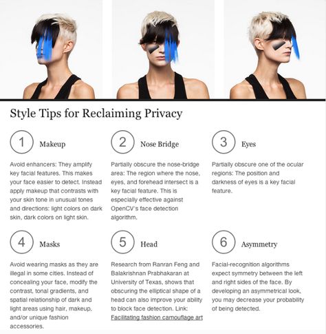 Anti-tracking / Facial-recognition Makeup | http://workofsmart.tumblr.com/post/105470157395/anti-tracking-facial-recognition-makeup Cv Dazzle, Facial Recognition Software, Survivor Quotes, Cyberpunk Fashion, Face Recognition, Boho Eclectic, Facial Recognition, Survival Skills, Makeup Art