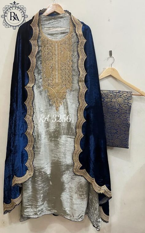 Silver Combination Colour Dress, Velvet Pakistani Dress Color Combinations, Velvet Pakistani Dress, Velvet Kaftan, Velvet Dresses Outfit, Velvet Suit Design, Combination Dresses, Zardozi Work, Velvet Dress Designs