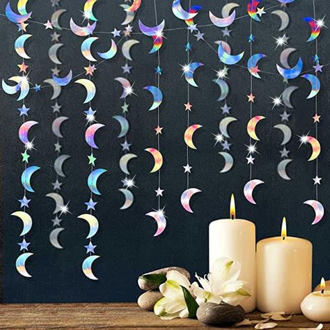 Moon Garland, Promotion Decoration, Galaxy Decor, Iridescent Party, Streamer Backdrop, Diy Galaxy, Moon Baby Shower, Hanging Stars, Moon Party