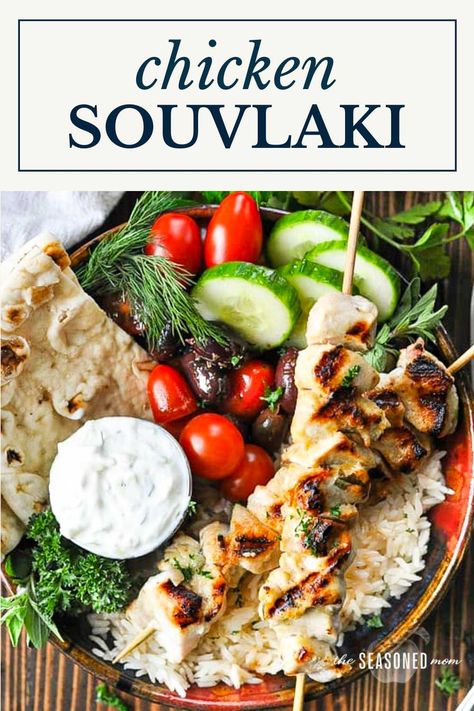 Marinated chicken souvlaki is delicious on the grill or broiled in the oven! Serve the tender, flavorful meat and tzatziki sauce tucked inside pita, over rice, or piled on top of a crisp salad. The simple Greek chicken skewers are an easy and healthy dinner with tons of fresh flavor! Beef Souvlaki Recipe, Chicken Souvlaki Marinade, Souvlaki Chicken, Greek Chicken Skewers, Greek Chicken And Potatoes, Greek Dinner, Greek Chicken Souvlaki, Souvlaki Recipe, Crisp Salad