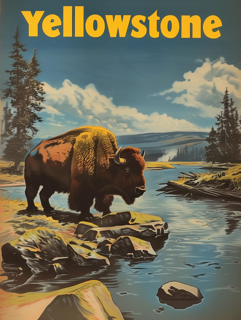 Discover the wild majesty of Yellowstone National Park with our Bison by the Water Vintage Travel Poster. This evocative piece of art captures the iconic American bison in its natural habitat, a symbol of the untamed beauty of Yellowstone. This poster's vintage style harkens back to a bygone era of exploration and admiration for the great outdoors. Available as a high-quality printable, this artwork is designed to bring the grandeur of Yellowstone into your home. Vintage National Park Posters, Vintage Yellowstone, Welcoming Entryway, American National Parks, American Landscape, American Bison, Wild Heart, Vintage Travel Poster, National Park Posters