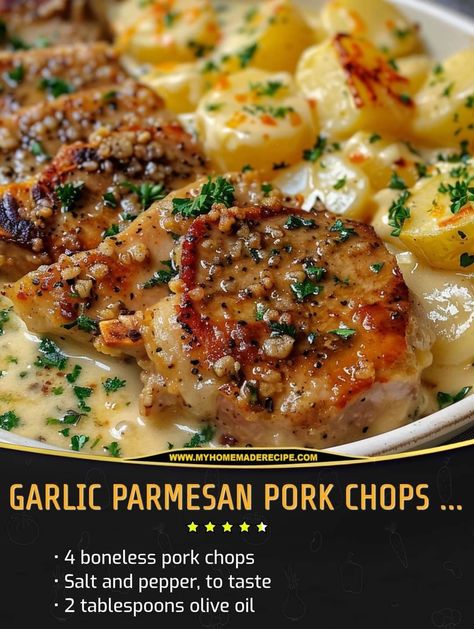 Garlic Parmesan Pork Chops, Garlic Butter Pork Chops, Butter Pork Chops, Creamy Cheesy Potatoes, Cheesy Potato Bake, Chinese Chicken Salad Recipe, Parmesan Crusted Pork Chops, Parmesan Pork Chops, Cheesy Scalloped Potatoes