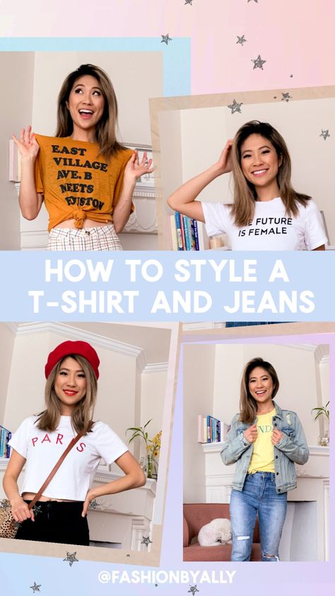 How to Style a T-Shirt and Jeans! — Fashion by Ally High Waist Jeans Style, Style A T Shirt, Diy Belts, San Francisco Style, Tshirt Knot, Bold Red Lips, Matching Sweaters, Her Closet, Casual Outfit Ideas