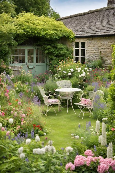 An English Cottage Garden is a charming and picturesque style of gardening that reflects the quaint beauty of rural England. It’s a delightful blend of informal design, colorful blooms, and abundant plantings that evoke a sense of nostalgia and romance.  Design layout, flowers, design, ideas, plants, front yard, lay out, patio, small, shed, border, fence. Back Garden Aesthetic, Designing A Cottage Garden, Cottage House With Garden, Garden English Style, Cottage English Garden, Flower Front Garden, English Cottage Garden Patio, Beautiful Cottage Gardens, European Cottage Garden