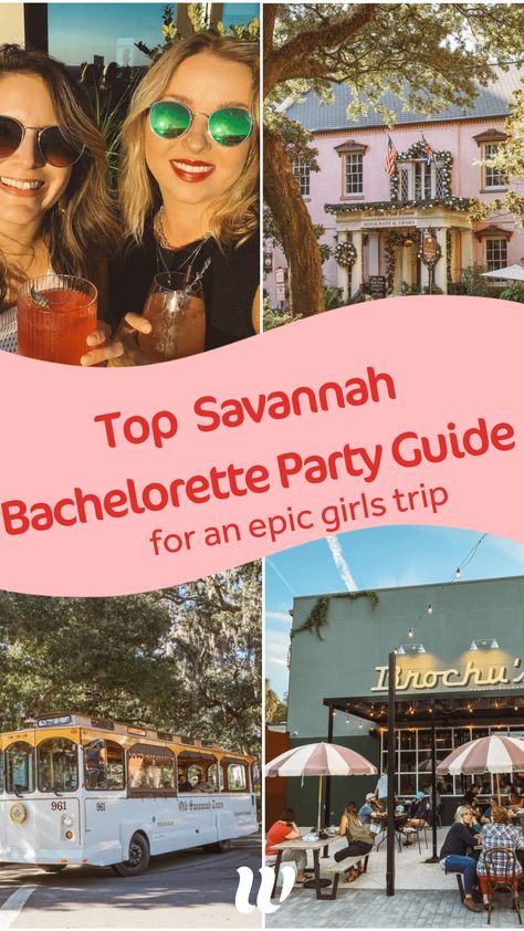 My REAL savannah bachelorette party! If you’re looking for something with Southern Charm, but a little more off the beaten path, a Savannah girls trip may be just what you’re looking for. With its fun nightlife scene, relaxed open container laws, and proximity to the water, Savannah Georgia is the perfect bachelorette party destination. Bachelorette Trip Savannah Ga, Savannah Girls Weekend, Georgia Bachelorette Theme, Savannah Georgia Bachelorette Itinerary, Bachelorette In Savannah Ga, Savannah Georgia Bachelorette Party Outfits, Savannah Girls Trip, Savannah Georgia Girls Trip, Girls Trip Savannah Georgia