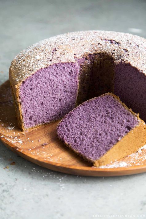 Ube Chiffon Cake - The Little Epicurean Ube Chiffon Cake Recipe, Ube Chiffon Cake, Ube Cheesecake Recipe, Ube Cake, Chiffon Cake Recipe, Ube Recipes, Angel Food Cake Pan, Cheesecake Tarts, Sweet Potato Bread