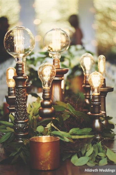 Edison Bulb Wedding, Industrial Rustic Wedding, Romantic Industrial Wedding, Industrial Themed Wedding, Romantic Industrial, Industrial Wedding Decor, Punk Wedding, Steampunk Party, Industrial Chic Wedding