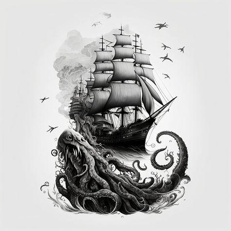 Pirate Ship Tattoo Drawing, Kraken Tattoo Design, Shipwreck Tattoo, Black Pearl Ship, Pirate Ship Tattoo, Kraken Tattoo, Pirate Tattoo, Ship Tattoo, Tattoo Stencil Outline