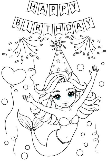 Handdrawn illustration of kawaii mermaid... | Premium Vector #Freepik #vector Hat Coloring Page, Kawaii Mermaid, Free Planner Pages, Happy Birthday Coloring Pages, Birthday Doodle, Birthday Coloring Pages, Underwater Art, Mermaid Coloring Pages, Cute Mermaid