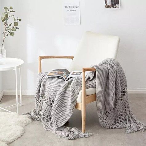 Tassel Blankets, Car Blanket, Hand Knit Blanket, Woven Throw Blanket, Knit Throw Blanket, Gray Blanket, Chunky Knit Blanket, Sofa Blanket, Woven Throw