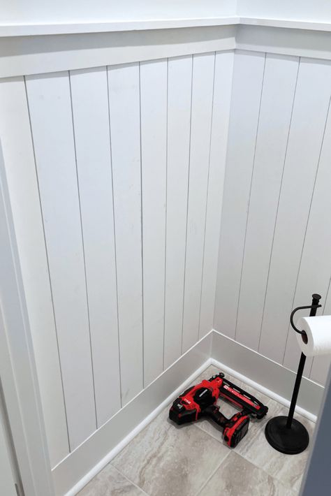 Pickled Shiplap Wall, Small Shiplap Wall, How To Install Vertical Shiplap, Shiplap Wainscoting Ideas, Horizontal Shiplap Half Wall, Bathroom Shiplap Half Wall, Shiplap Wall In Bathroom, Vertical Shiplap Entryway, Half Shiplap Wall Bathroom