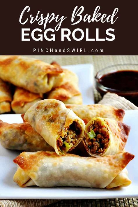 Pork and Vegetable Crispy Baked Egg Rolls - so easy to make in the oven with this simple recipe. Truly crispy without frying! Healthy snack or appetizer and perfect party food! #bakedeggrolls #healthybakedeggrolls #easybakedeggrolls Egg Roll Baked, Oven Egg Rolls, Egg Roll Recipes Pork, Baked Eggrolls, Easy Egg Roll Recipe, Egg Rolls Baked, Pork Egg Roll Recipes, Baked Egg Rolls, Baked Spring Rolls