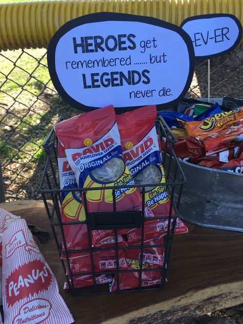 Seeds and chips. I added quotes from the movies throughout the snacks The Sand Lot Birthday Party, Sandlot Party, Sandlot Birthday, Sandlot Movie, Baseball Theme Birthday Party, Kindergarten Graduation Party, Baseball Theme Birthday, Baseball Theme Party, 12 Birthday