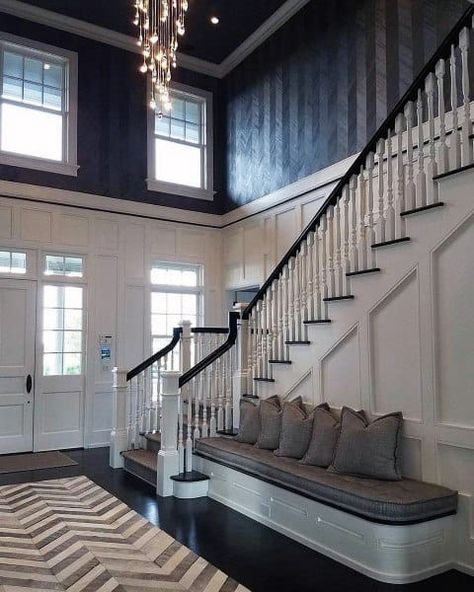 Large Foyer Ideas, Entry Designs, Staircase Molding, Narrow Entrance, Foyer With Stairs, Foyer Wall Decor, Stairs Trim, Foyer Ideas Entryway, Foyer Wall