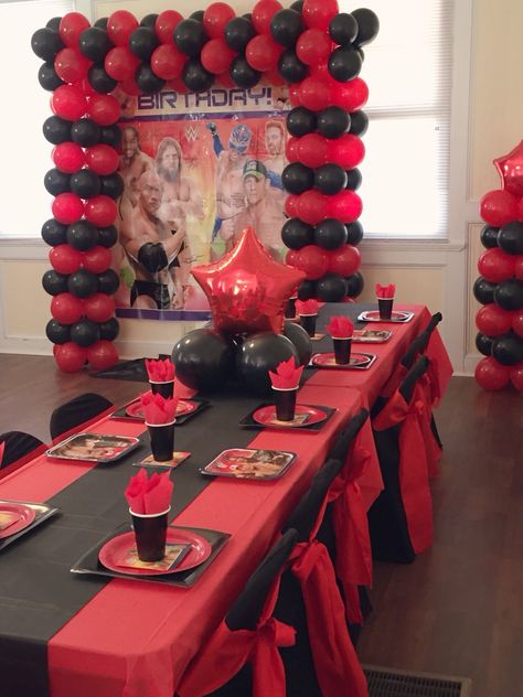 Www theme party decorated by Decor By Yolanda It’s Too Early For This Funny, Mma Themed Birthday Party, Mma Birthday Party Ideas, Ufc Themed Party, Wwe Centerpieces Ideas, Wrestling Party Ideas, Wwe Party Ideas, Wwe Party Decorations, Ufc Party Ideas