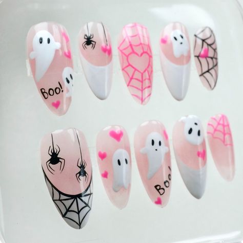 Spook up your style with our cute Halloween nails—adorably eerie and perfect for adding a playful twist to your spooky season. 🎃👻 Trick or treat, but make it cute! -- Get ready for a spooktacular Halloween! 🎃👻 Shop our exclusive Halloween designs now and make sure your nails are as ready as your costume. Don’t miss out—grab your favorites before they vanish! -- #donailsart #pressonnails #halloweennails #halloween2024 #nails #cutenails Cute Pastel Halloween Nails, Spooky Halloween Nail Designs 2024, Nail Halloween Designs, Halloween Nails 2024, Kawaii Halloween Nails, Pastel Halloween Nails, White Winter Nails, Matte Almond Nails, Royals Nails