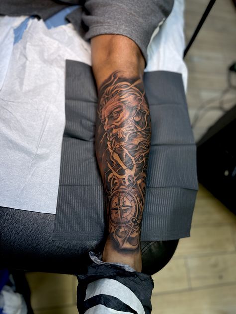 Mens Calf Tattoo Sleeve, Leg Piece Tattoo Mens, Greek Mythology Calf Tattoos, Band Around Leg Tattoo, Men Tattoo Leg Ideas, Zeus Tattoo Leg, Half Leg Sleeve Tattoo Calf Men, Zeus Leg Tattoo, Men Leg Tattoo Ideas Design