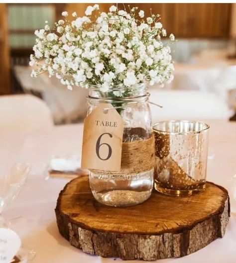 Baby's bre, table tag, wood Wood Slice Centerpiece Wedding, Round Table Centerpieces Wedding, Wood Centerpieces Wedding, Woodland Wedding Centerpieces, Wedding Centerpieces Mason Jars, Diy Table Numbers, Boho Wedding Theme, Simple Table Settings, Simple Wedding Centerpieces