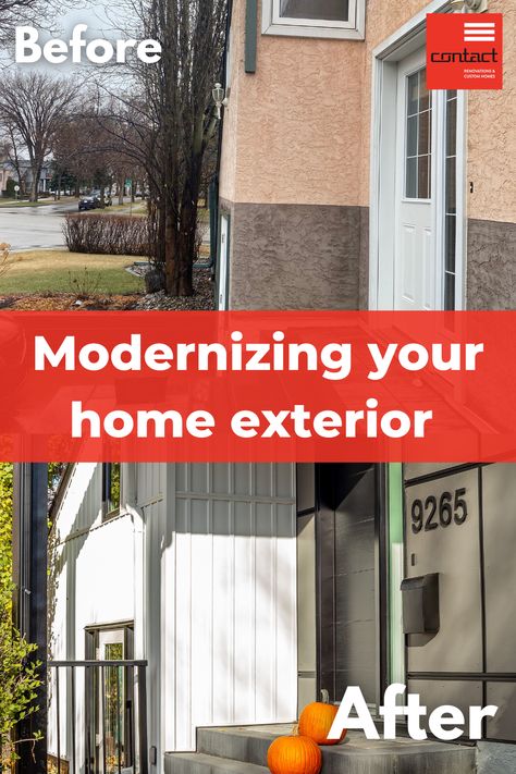 Modernize Your Home Exterior - Removing vs Covering Up Stucco. Contact Renovations Stucco Exterior Ideas, Modernize Your Home, Stucco Homes, Stucco Exterior, Home Exterior, Exterior Ideas, Wood Accents, House Painting, Custom Homes