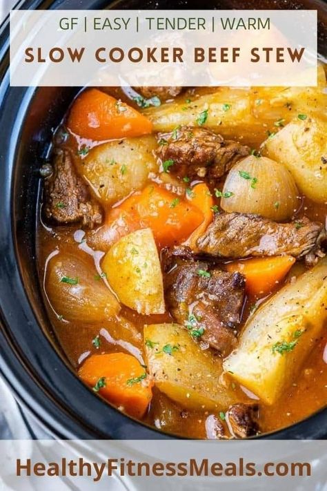 This easy and simple slow cooker beef stew is so tasty and delicious! Warm, savory, rich, and tender, this Crockpot recipe is the best! Slow Cooker Beef Stew Easy, Beef Stew Healthy, Beef Cubes, Slow Cooker Recipes Beef Stew, Slow Cooker Stew, Slow Cooker Recipes Beef, Slow Cooked Meat, Healthy Beef, Healthy Fitness Meals