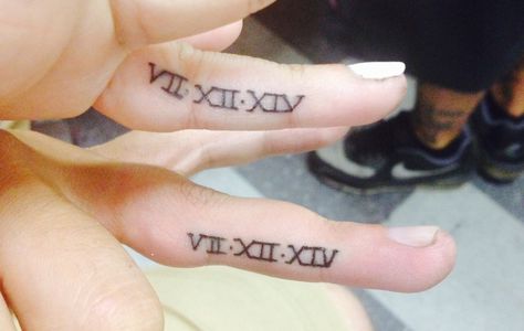 Wedding date finger tattoo. Roman numerals Roman Numeral Finger Tattoo, Small Symbol Tattoos, Tattoo Wedding, Small Finger Tattoos, Date Tattoos, Wedding Finger, Small Quote Tattoos, Small Tattoos With Meaning, Small Tattoos Simple