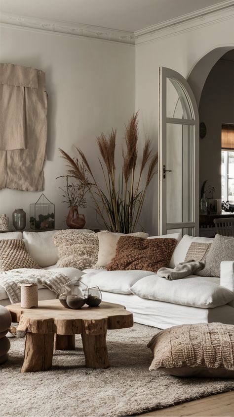 Cozy living room with neutral tones, textured pillows, pampas grass, and a wooden coffee table. Neutral Sofa Living Room Bohemian, Elegant Boho Living Room Sofas, Boho Luxe Living Room, Corner Sofa Boho, Floor Sofa Living Room Boho, Bohemian Floor Seating Neutral, Minimalist Boho Living Room, Neutral Boho Living Room, Zen Living Room