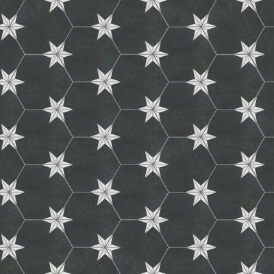 Star Tiles Bathroom, Hexagon Fashion, Unique Tile Floor, Black Tile Bathrooms, Porcelain Pattern, Star Tile, Fireplace Facade, Hexagon Tile, Triangular Pattern