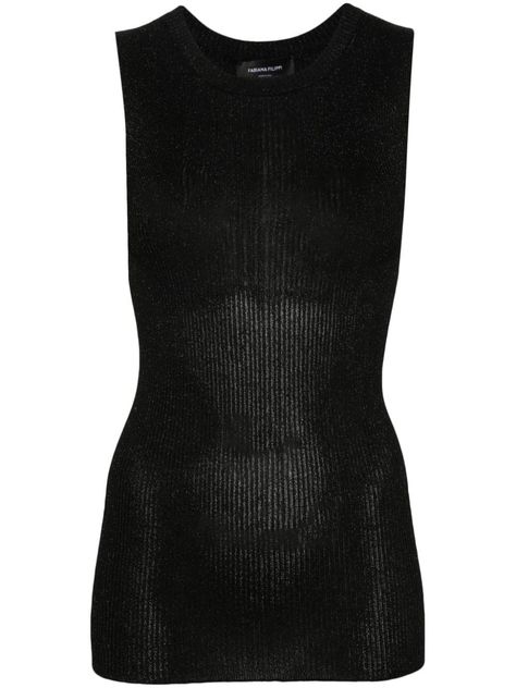 black ribbed knit metallic threading ribbed crew neck sleeveless unlined straight hem pull-on style Fabric Techniques, Future Girlfriend, Ribbed Tank Top, Avant Garde Fashion, Ribbed Tank Tops, Ribbed Tank, Rich Girl, Metallic Thread, Black Rib