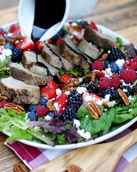 Berry Salad with Cherry Balsamic Dressing - a southern discourse Salad For Pork, Salad With Pork, Summer Berry Salad, Southern Discourse, Salad Meals, Berry Salad, Fresh Salad Recipes, Food Salad, Balsamic Dressing