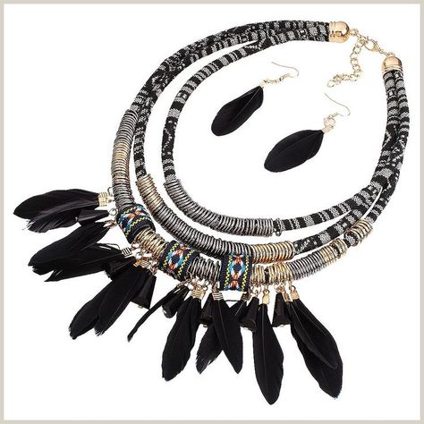 XY Fancy Feather Pendant Multi Layers Tribal Bib Necklace Statement Earring Jewelry Set African Style Necklace, Afrikaanse Mode, Dangle Earrings Boho, Woven Necklace, Statement Collar Necklace, African Necklace, Statement Bib Necklace, Multi Layer Necklace, Feather Jewelry