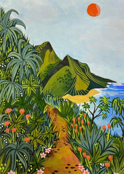 Na Pali Coast | Illustration Hawaii Mural Art, Maui Hawaii Painting, Roeqie Art, Hawaii Landscape Painting, Tropical Landscape Art, Island Art Tropical, Hawaiian Art Painting, Tropical Wall Painting, Mural Art Tropical