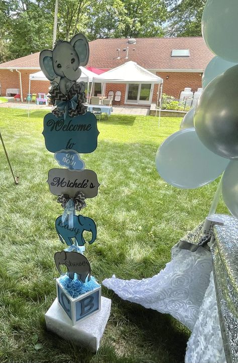 Boy Elephant Baby Shower Ideas, Elephant Theme Centerpieces, Elephant Centerpieces Boy, Blue Elephant Baby Shower Ideas, Elephant Theme Baby Shower Boy, Baby Elephant Baby Shower Ideas, Baby Shower Elephant Theme Boy, Elephant Themed Baby Shower Ideas, Elephant Party Ideas