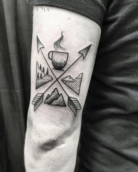 pacific north west arrows, coffee, mountains, pines and rain tattoo design by nico di pisarro Coffee Sleeve Tattoo, Coffee Tattoo Ideas, Coffee Mountains, Pnw Tattoo, Tattoo Food, Rain Tattoo, Ink Sketching, Coffee Tattoo, Mountain Aesthetic