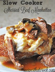 This recipe for Slow Cooker Sherried Beef Manhattan is a slow cooker round steak recipe that's easy to make, but has an elegant flair. Beef Manhattan, Beef And Mushrooms, Manhattan Recipe, Round Steak Recipes, Cubed Steak, Fall Meal, Slow Cooker Recipes Beef, Round Steak, Crockpot Beef