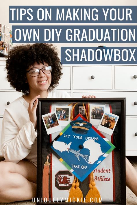 How To Store Graduation Cap And Gown, Grad Shadow Box Ideas, Graduation Shadow Box Ideas High School, Graduation Memory Box Ideas, Graduation Shadow Box Ideas College, College Graduation Shadow Box Ideas, Graduation Collage Ideas, Degree Shadow Box Ideas, College Shadow Box Ideas