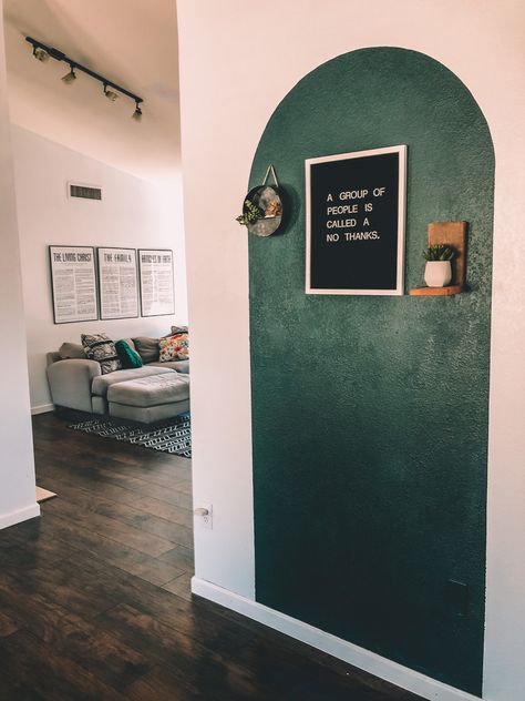 Green living room // green arch \\ painted arch Hallway Arch Paint, Entryway Painted Arch, Arched Wall Painting, Arch Painted On Wall Living Room, Paint An Arch On Wall, Green Arch Painted On Wall, Arched Painted Wall, Arch Wall Painting Ideas, Painted Arch Entryway