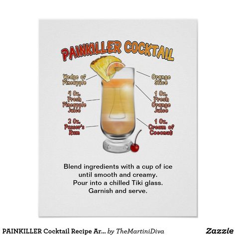 PAINKILLER Cocktail Recipe Art 16"x20" Poster Cocktails Made With Rum, Painkiller Cocktail, Recipe Art, Cocktail Drinks Alcoholic, Cocktail List, Pineapple Slices, Cocktail Drinks Recipes, Painkiller, Orange Fruit