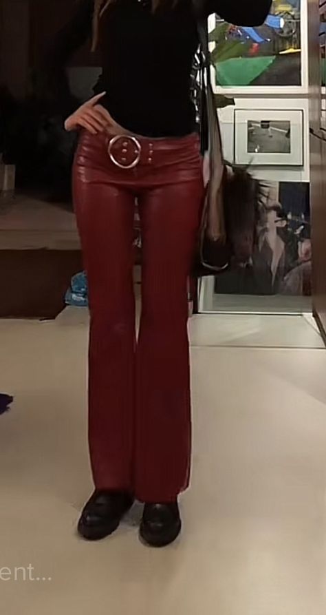 70s Performance Outfits, Red Pants Aesthetic, 70s Red Outfit, Leather Pants Aesthetic, Leather Flare Pants, 70s Leather Pants, 80s Rockstar Outfit For Women, Rockstar Pants, Red Flare Pants