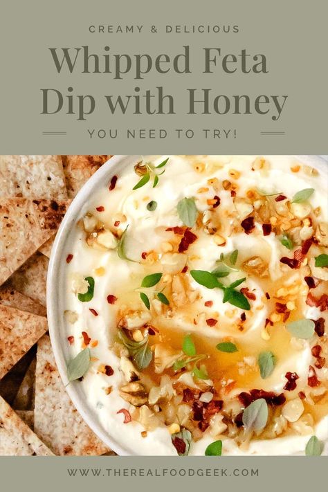 If you need a crowd-pleasing appetizer that’s easy to make and delicious, check out this Creamy Whipped Feta with Honey Dip. The secret is baking the feta before whipping so it becomes extra velvety smooth! And it’s loaded with flavorful extras like honey, walnuts, thyme, and red pepper flakes. It’s sure to be a hit at your next party or gathering! Follow along for more healthy recipes! Feta Dip With Honey, Whipped Feta Dip With Honey, Whipped Feta With Honey, Feta With Honey, Honey Walnuts, Honey Dip, Whipped Feta Dip, Baked Dips, Healthy Sauces