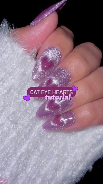 3d Magnetic Nails, Valentines Day Nails Magnetic, Cats Eye Valentine Nails, Pink Cat Eye Valentine Nails, Cat Eye Nails With Heart, Magnetic Valentines Nails, Cateye Purple Nails, Valentines Cateye Nails, Magnetic Cat Eye Gel Polish