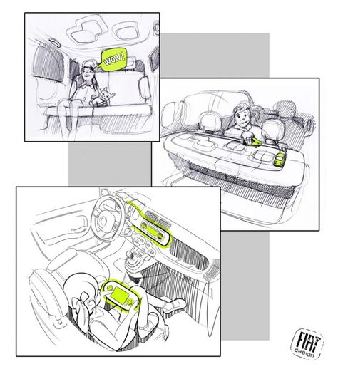 Fiat Panda Design Story Concept Car Interior Sketch, Concept Car Interior, Car Interior Sketch, Car Interior Design Sketch, Industrial Design Portfolio, Panda Design, Car Interior Design, Fiat Panda, Industrial Design Sketch