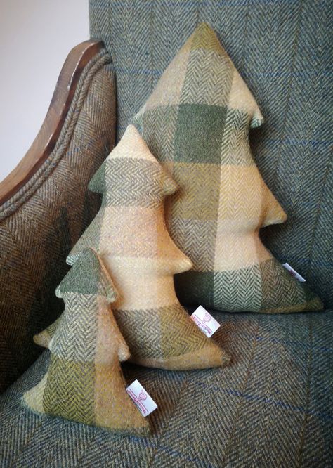 Hand crafted cushion cover in a shape of a Christmas tree made with Harris Tweed. These are stuffed and ready to be put on your sofa. No filler needed.  The official Harris Tweed Orb label is sewn onto the side. Christmas Tree Shaped Cushion, Holiday Gifts To Sew, Hand Sewn Christmas Decorations, Harris Tweed Crafts, Christmas Cushions Ideas, Sewn Christmas Gifts, Christmas Pillows To Make, Fabric Christmas Decorations, Christmas Pillows Diy