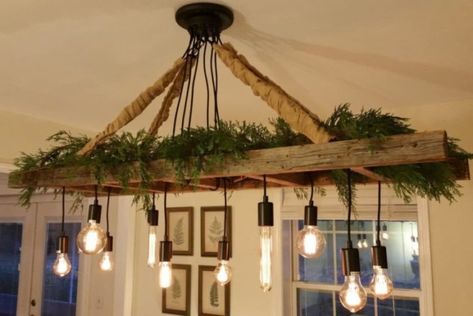 16 Best Ladder Light Fixtures & Chandeliers DIY Ideas 9 - Pendant Lighting - iD Lights Ladder Light Fixture, Ladder Chandelier, Rustic Chandeliers, Antique Ladder, Farmhouse Ladder, Hanging Ladder, Lighting Farmhouse, Chandelier Diy, Diy Luminaire